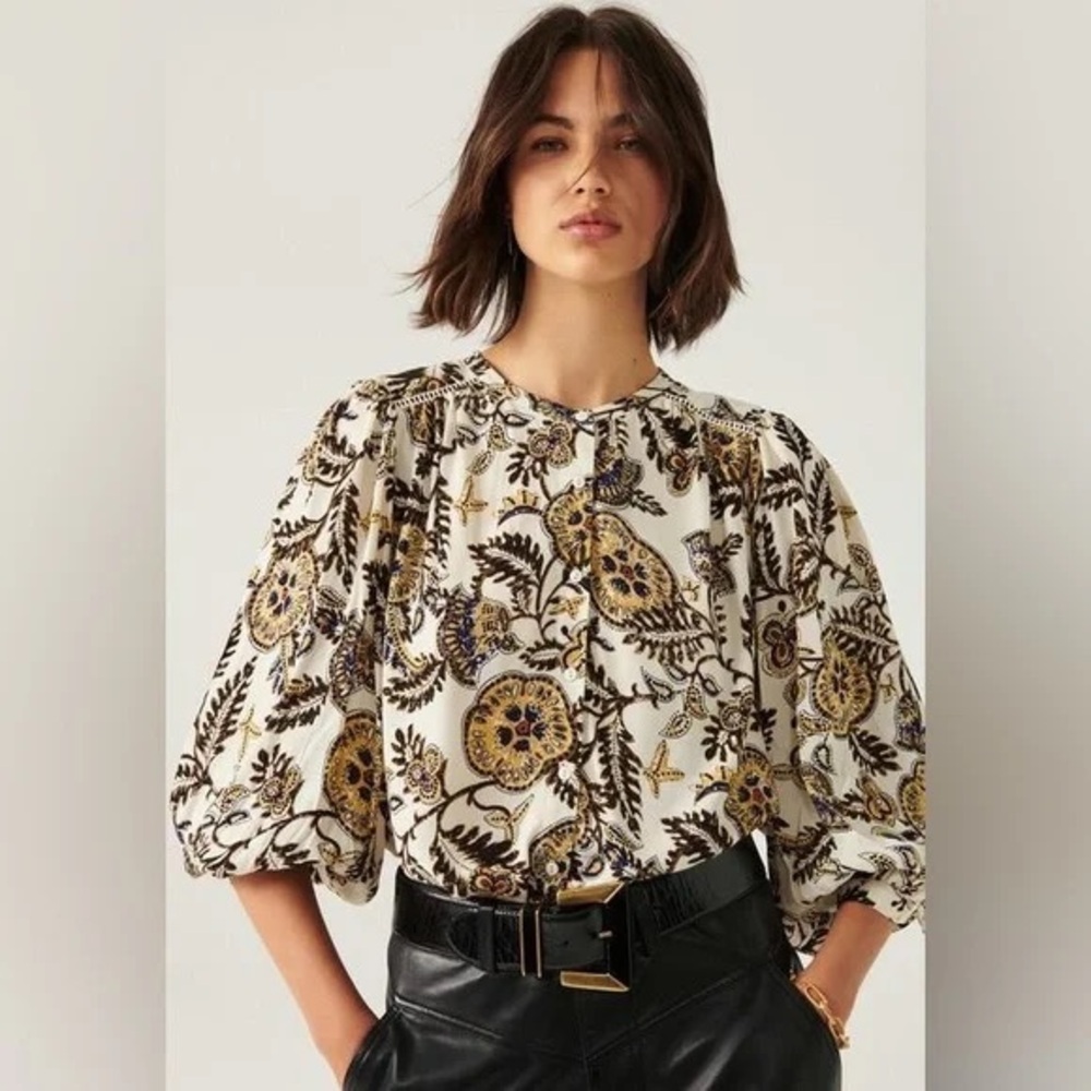 BA&SH Valska Paisley Print Crepe Shirt in Ecru Multi Women's Size US 6